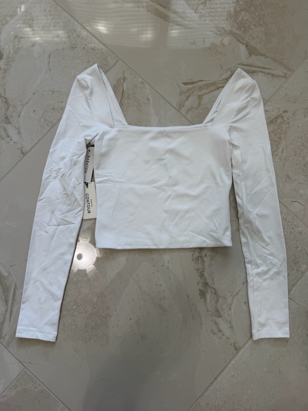 Babaton White Square Neck Long Sleeve Crop Top